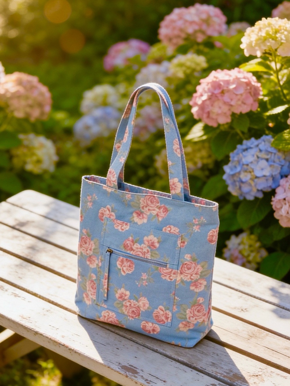 Floral Pattern Blue Canvas Tote Bag with Front Zip Pocket